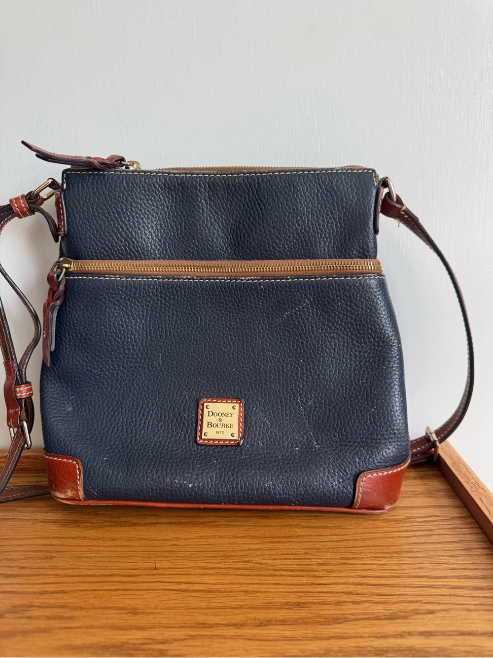 Vintage Dooney & Bourke Navy Leather Crossbody Bag with Brown Trim